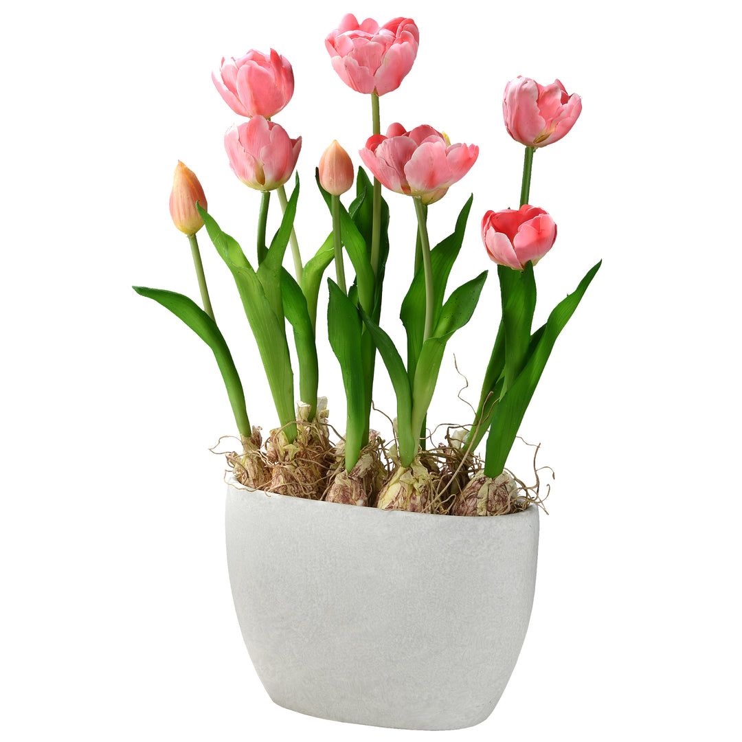 Artificial Potted Plant, Pink Tulips, Decorated with Vibrant Green Stems, Includes Stylish Ceramic Pot Base, Spring Collection, 18 Inches