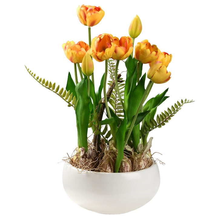 Artificial Potted Plant, Yellow Tulips, Decorated with Vibrant Green Stems, Fern Fronds, Includes Stylish Ceramic Pot Base, Spring Collection, 18 Inches
