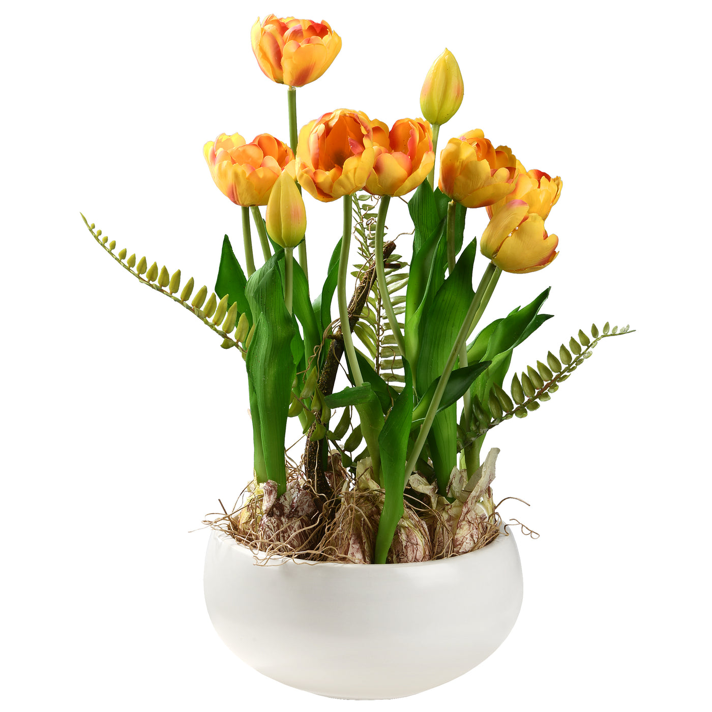 Artificial Potted Plant, Yellow Tulips, Decorated with Vibrant Green Stems, Fern Fronds, Includes Stylish Ceramic Pot Base, Spring Collection, 18 Inches - National Tree Company