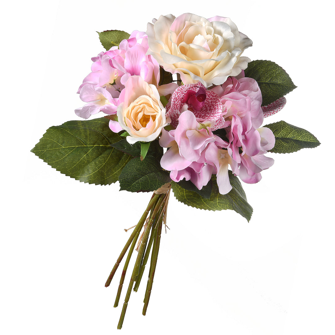 Artificial Floral Bouquet, Vine Stem Base, Decorated with Purple Roses and White Orchid Blooms, Leafy Greens, Spring Collection, 13 Inches