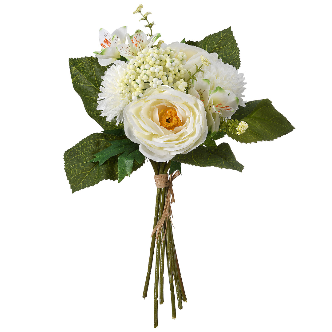 Artificial Floral Bouquet, Vine Stem Base, Decorated with White Peonies and Rose Blooms, Berry Clusters, Leafy Greens, Spring Collection, 13 Inches