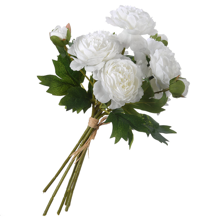 Artificial Floral Bouquet, Vine Stem Base, Decorated with White Peony Blooms, Leafy Greens, Spring Collection, 13 Inches
