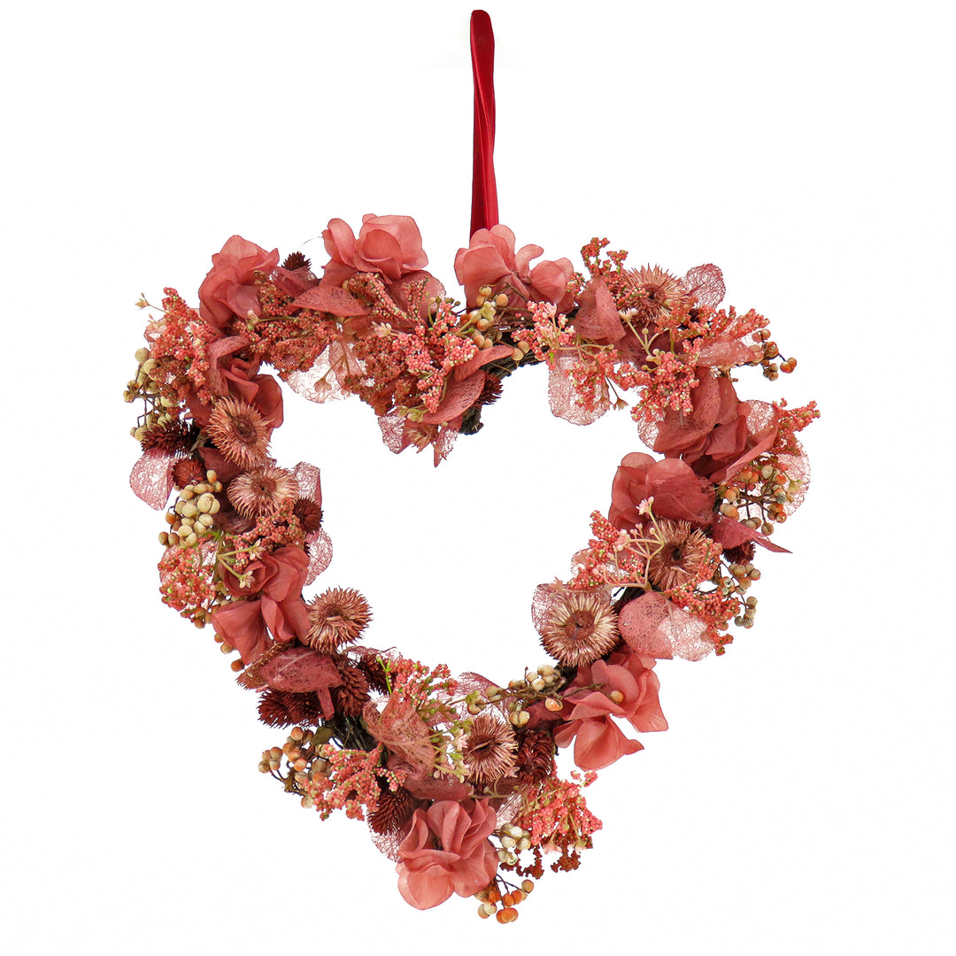 Valentine's Floral Heart Wreath, Decorated with Flower Blooms, Seed Pods, Berry Clusters, Valentine's Day Collection, 16 Inches