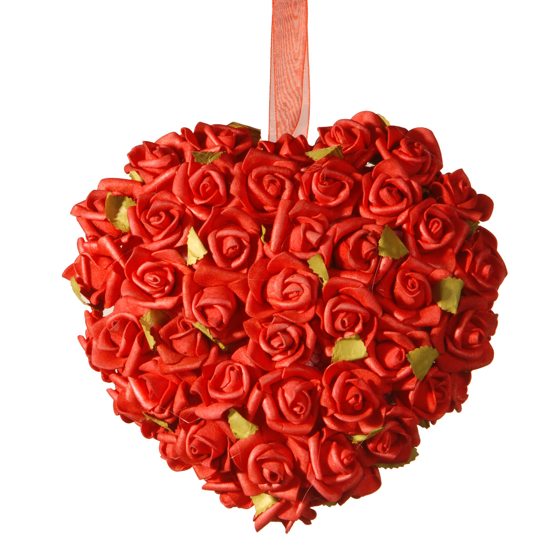 Artificial Floral Heart, Red, Decorated with Roses, Valentine's Day Collection, 7 Inches