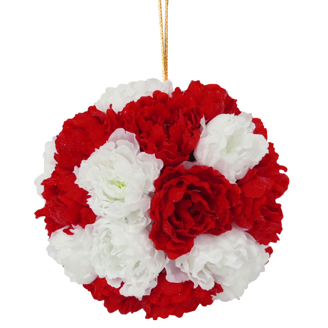 Artificial Hanging Ball, Decorated with Red and White Peonies, Valentine's Day Collection, 12 Inches