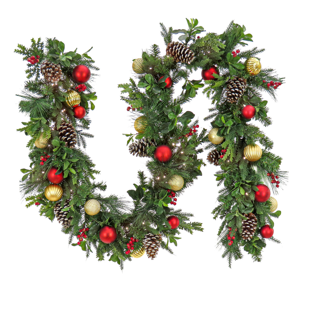 National Tree Company Pre Lit Artificial Garland, Rural Homestead, Green, Decorated with Red and Gold Ball Ornaments, Frosted Pine Cones, Berry Clusters, Warm White LED Lights, Battery Powered, Christmas Collection, 9 Feet