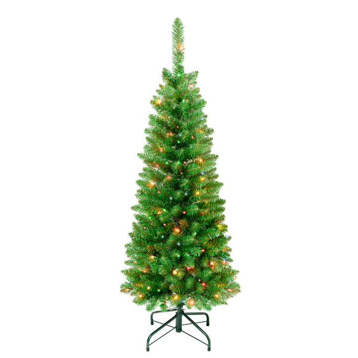 First Traditions Pre-Lit Rowan Pencil Slim Christmas Tree, Multicolor Incandescent Lights, Plug In, 4.5 ft