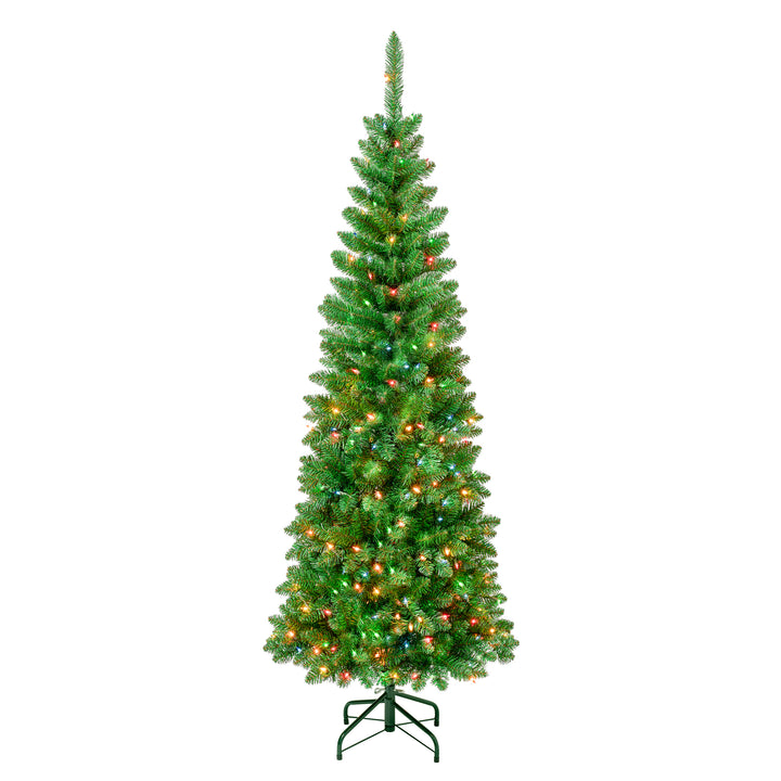 First Traditions Pre-Lit Rowan Pencil Slim Christmas Tree, Multicolor Incandescent Lights, Plug In, 6 ft