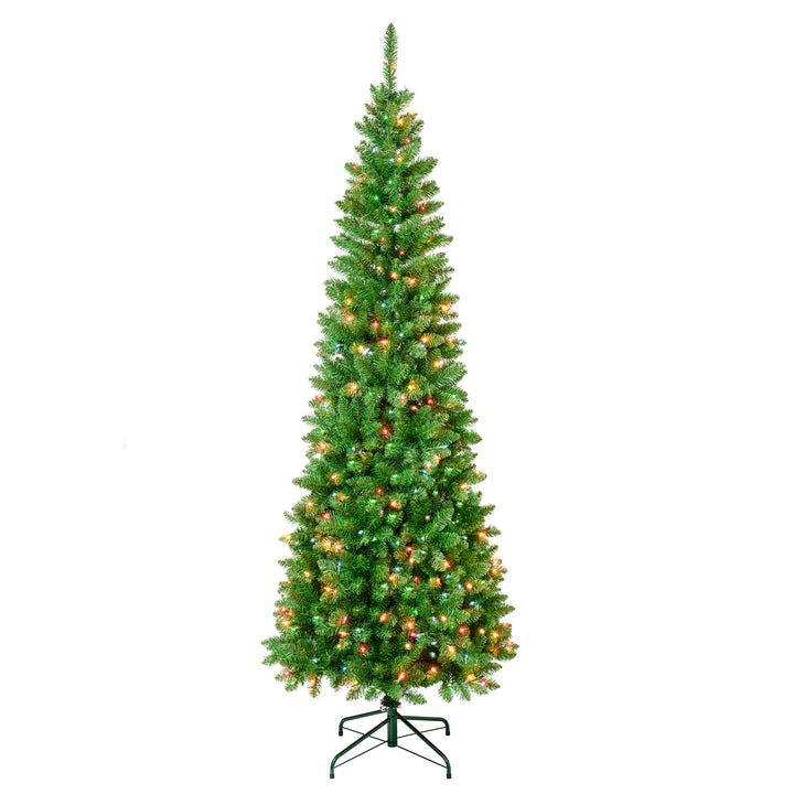 First Traditions Pre-Lit Rowan Pencil Slim Christmas Tree, Multicolor Incandescent Lights, Plug In, 7.5 ft