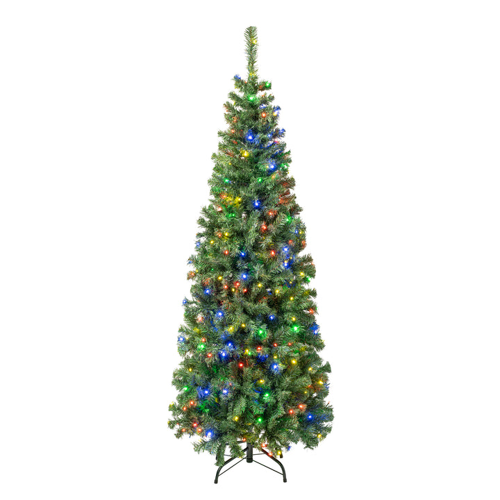 First Traditions Pre-Lit Artificial Linden Spruce Christmas Tree, Multicolor LED Lights, Plug In, 6 ft