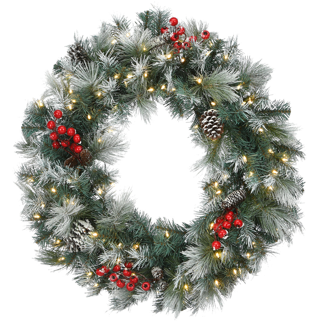 National Tree Company Pre-Lit Artificial Christmas Wreath, Green, Snowy Glacier Pine, White Lights, Decorated with Pine Cones, Berry Clusters, Frosted Branches, Christmas Collection, 30 Inches
