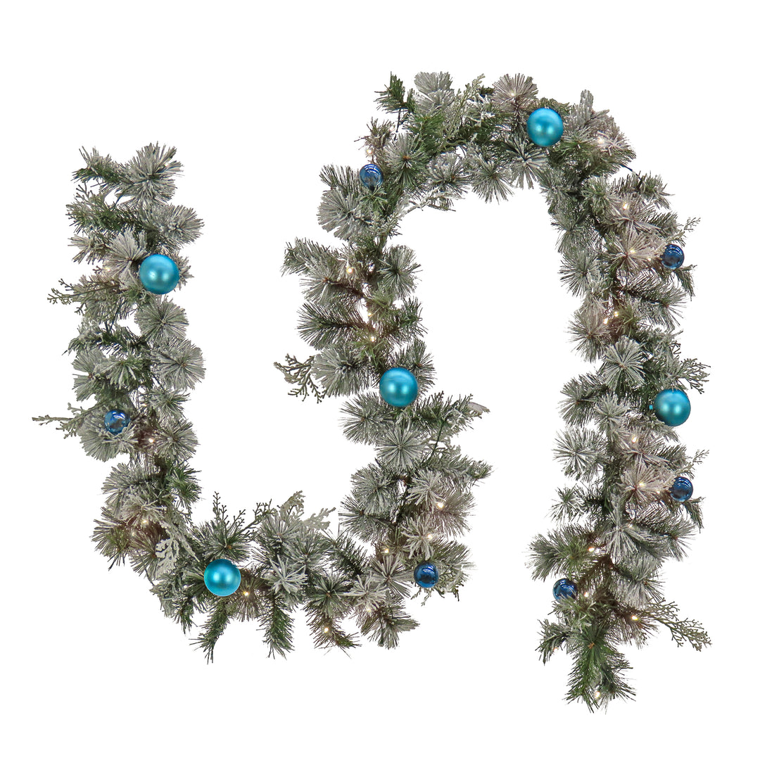 National Tree Company Pre Lit Artificial Garland,Tinkham Pine, Green, Frosted, Decorated with Blue Ball Ornaments, Warm White LED Lights, Battery Powered, Christmas Collection, 9 Feet
