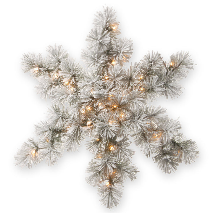 National Tree Company Pre-Lit Artificial Christmas Hanging Snowflake, Green, Snowy Bristle Pine, Decorated with Frosted Branches, Christmas Collection, 32 Inches