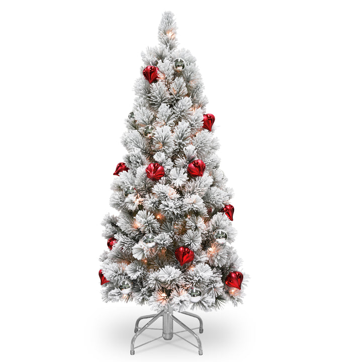 Pre-Lit Artificial Christmas Tree, Snowy Bristle Pine, Green, Decorated with Frosted Branches, Pine Cones, White Lights, Includes Stand, 4.5 Feet