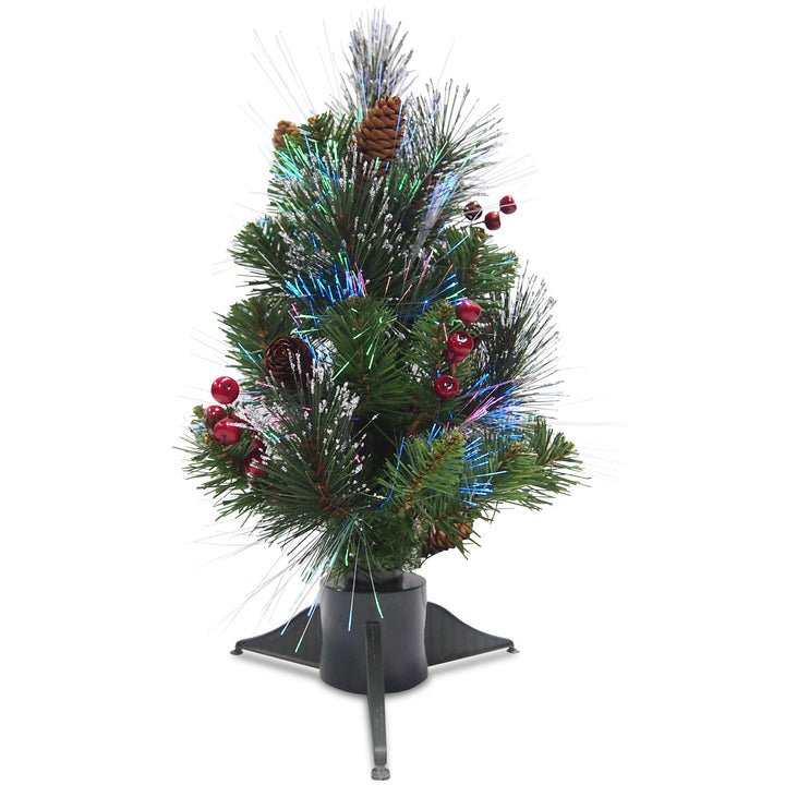 Artificial Mini Christmas Tree, Green, Crestwood Spruce, Fiber Optic, Decorated with Pine Cones, Berry Clusters, Frosted Branches, Includes Stand, 18 Inches