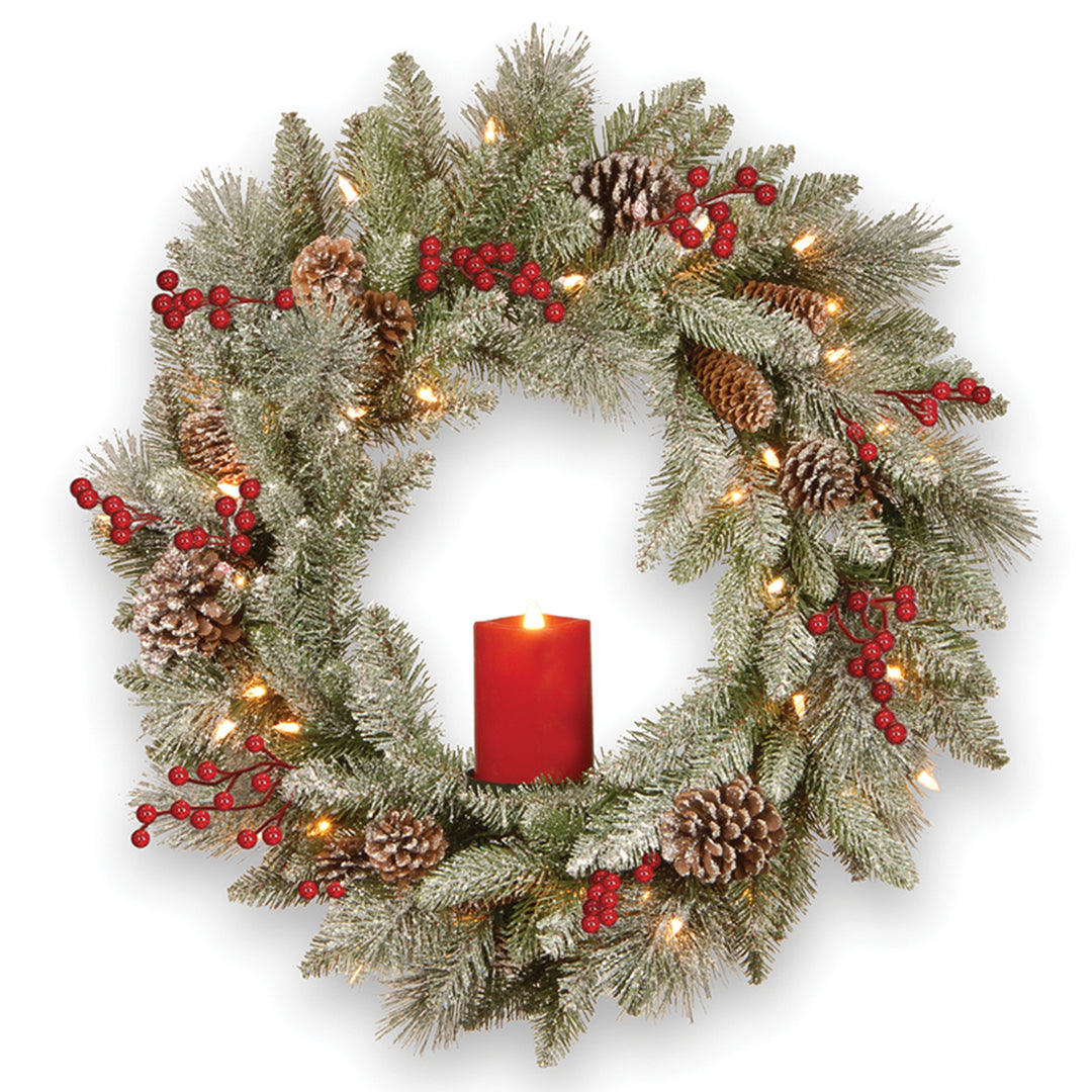 Pre-Lit Artificial 'Feel Real' Christmas Wreath, Green,  Bristle Berry Pine, White Lights, Decorated with Berry Clusters, Pine Cones, Candle Holder, Christmas Collection, 24 Inches