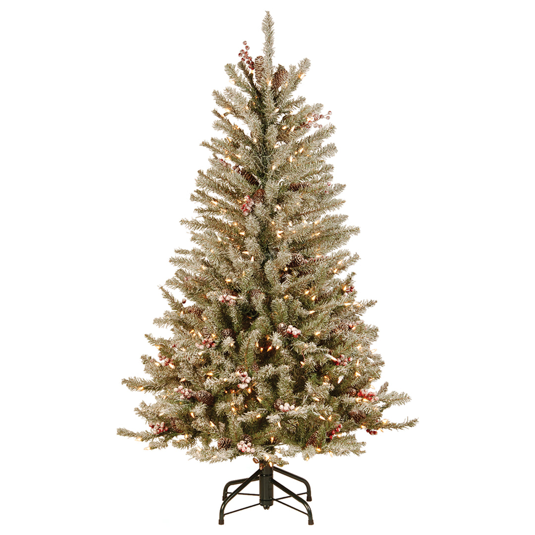 Pre-Lit Artificial Slim Christmas Tree, Green, Dunhill Fir, White Lights, Decorated with Pine Cones, Berry Clusters, Frosted Branches, Includes Stand, 4.5 Feet