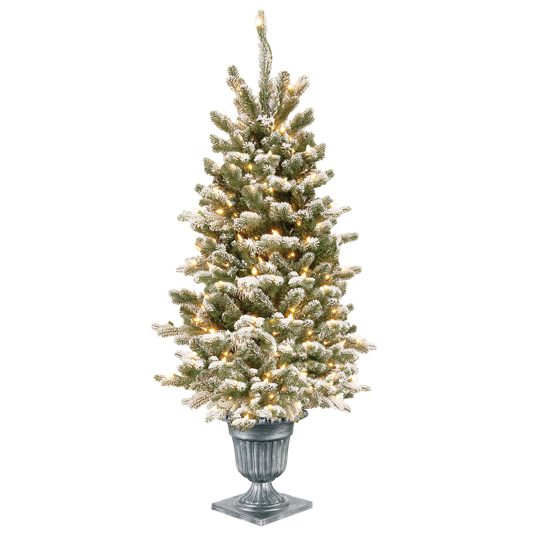 Pre-Lit Artificial Entrance Christmas Tree, Snowy Sheffield Spruce, Green, White Lights, Includes Metal Base, 4 Feet