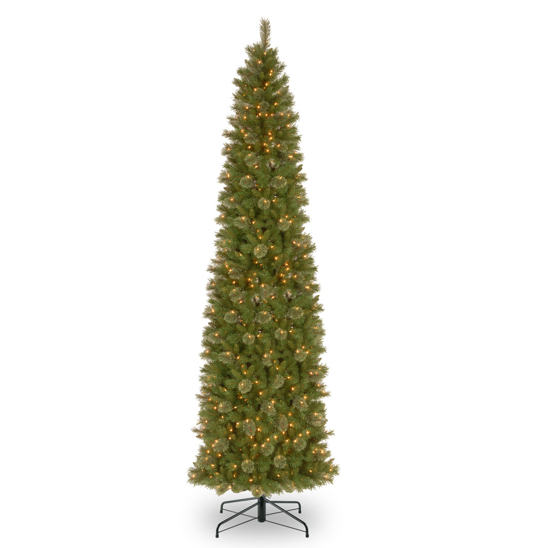 Pre-Lit Artificial Slim Christmas Tree, Tacoma Pine, Green, White Lights, Includes Stand, 12 Feet