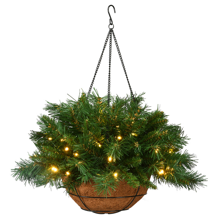 National Tree Company Pre-Lit Artificial Christmas Hanging Basket, Tiffany Fir, Decorated With Frosted Pine Cones, Berry Clusters, White Lights, Christmas Collection, 20 Inches