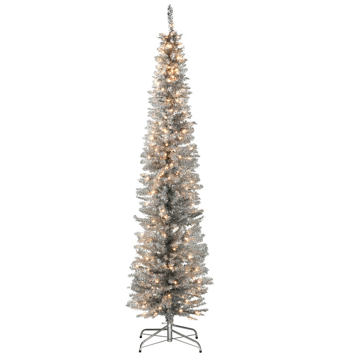 Pre-Lit Artificial Christmas Tree, Silver Tinsel, White Lights, Includes Stand, 7 feet