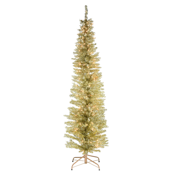 Pre-Lit Artificial Christmas Tree, Champagne Gold Tinsel, White Lights, Includes Stand, 6 feet