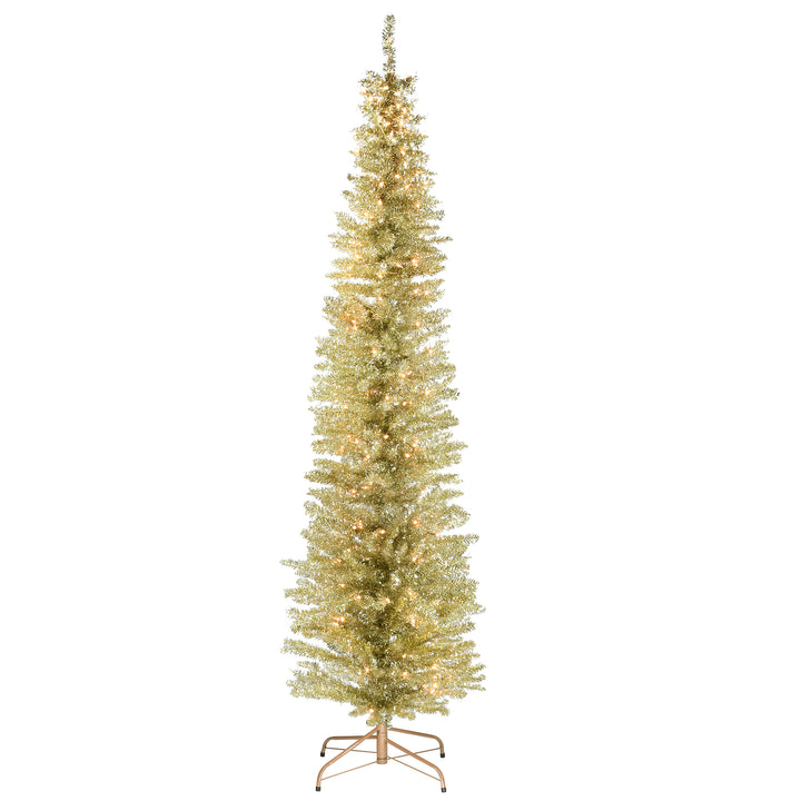 Pre-Lit Artificial Christmas Tree, Champagne Gold Tinsel, White Lights, Includes Stand, 7 feet