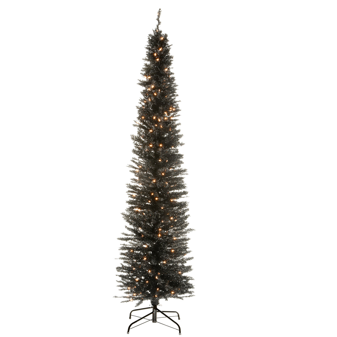 Pre-Lit Artificial Christmas Tree, Black Tinsel, White Lights, Includes Stand, 7 feet