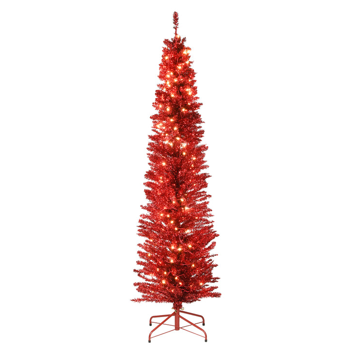 Pre-Lit Artificial Christmas Tree, Red Tinsel, White Lights, Includes Stand, 6 feet