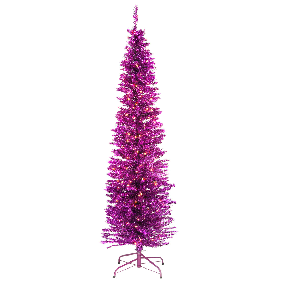 Pre-Lit Artificial Christmas Tree, Pink Tinsel, White Lights, Includes Stand, 6 feet