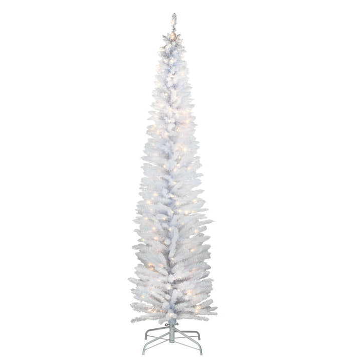 Pre-Lit Artificial Christmas Tree, White Tinsel, White Lights, Includes Stand, 7 feet