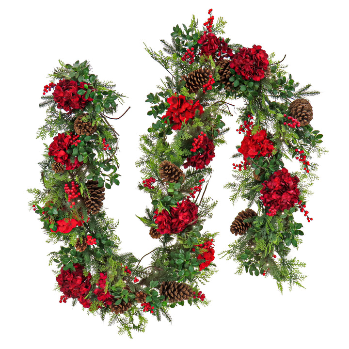 National Tree Company Pre Lit Artificial Garland, Vienna Waltz, Green, Decorated with Red Flower Blooms, Pine Cones, Berry Clusters, Warm White LED Lights, Battery Powered, Christmas Collection, 9 Feet