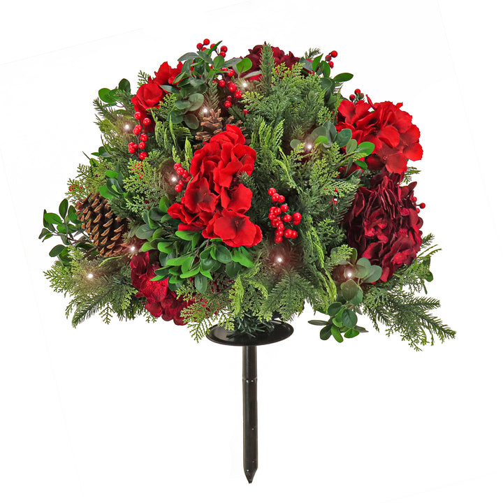 National Tree Company Pre Lit Artificial Urn Filler, Vienna Waltz, Decorated with Red Flower Blooms, Red Berry Clusters, Pine Cones, Warm White LED Lights, Battery Powered, Christmas Collection, 28 Inches