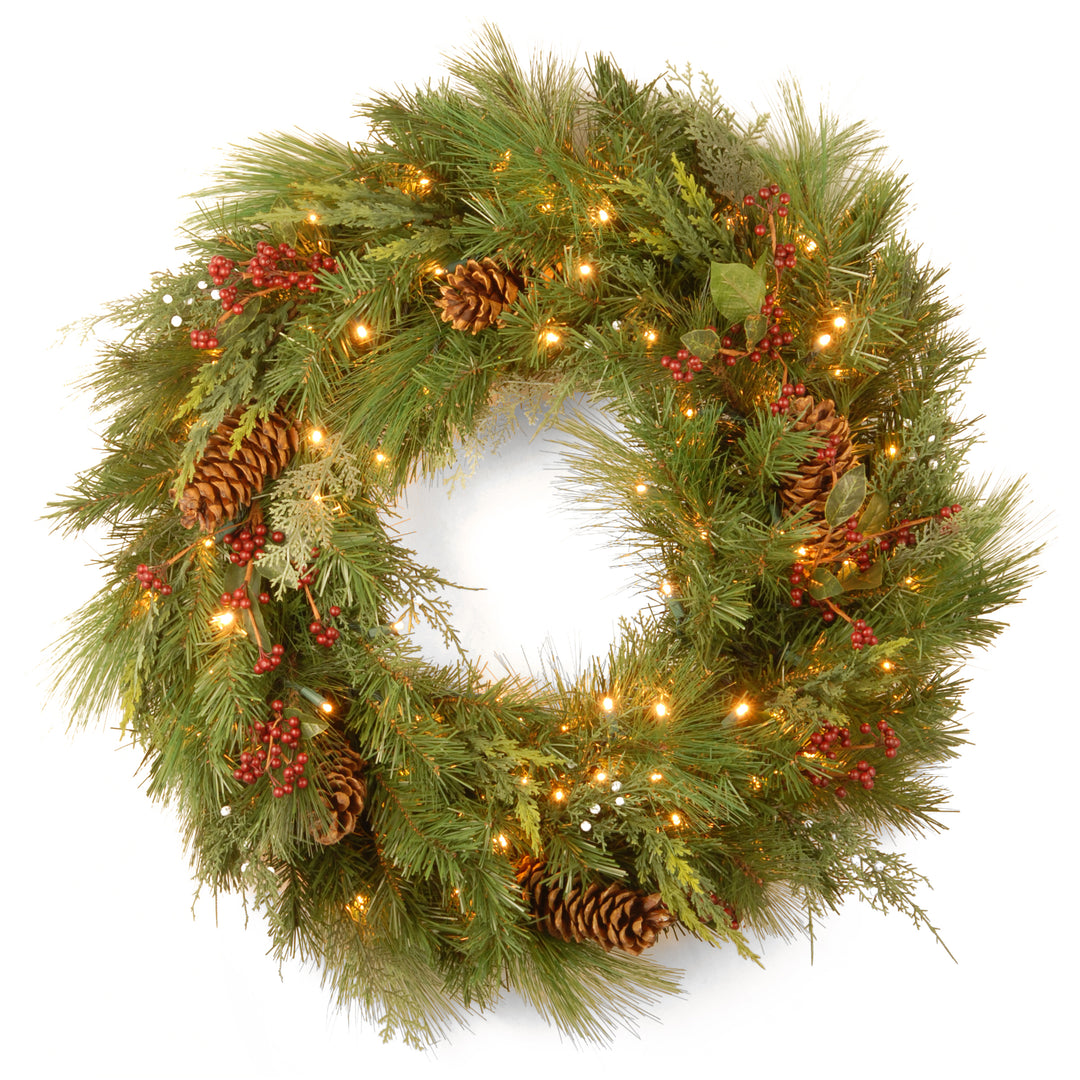 National Tree Company Pre-Lit Artificial Christmas Wreath, Green, White Pine, White Lights, Decorated with Berry Clusters, Pine Cones, Christmas Collection, 30 Inches