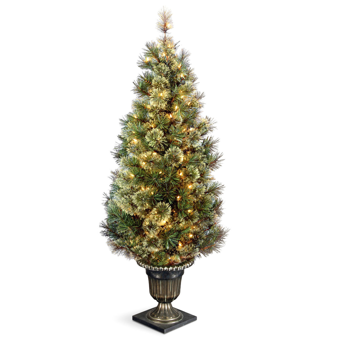 Pre-Lit Artificial Entrance Christmas Tree, Wispy Willow Grande, Green, White Lights, Includes Metal Base, 5 Feet
