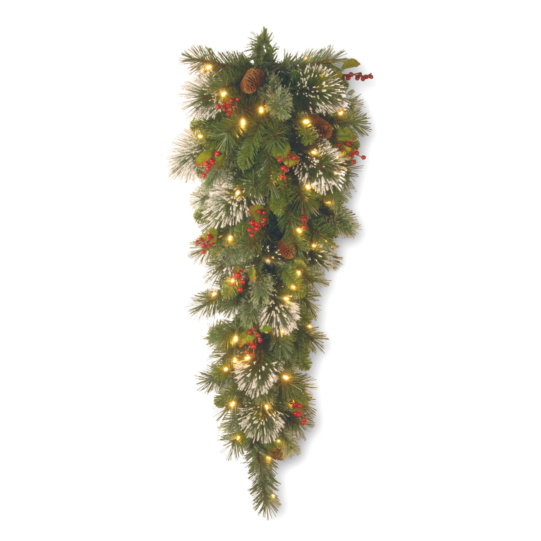 National Tree Company Pre-Lit Artificial Christmas Teardrop, Green, Wintry Pine, White Lights, Decorated with Pine Cones, Berry Clusters, Frosted Branches, Christmas Collection, 36 Inches