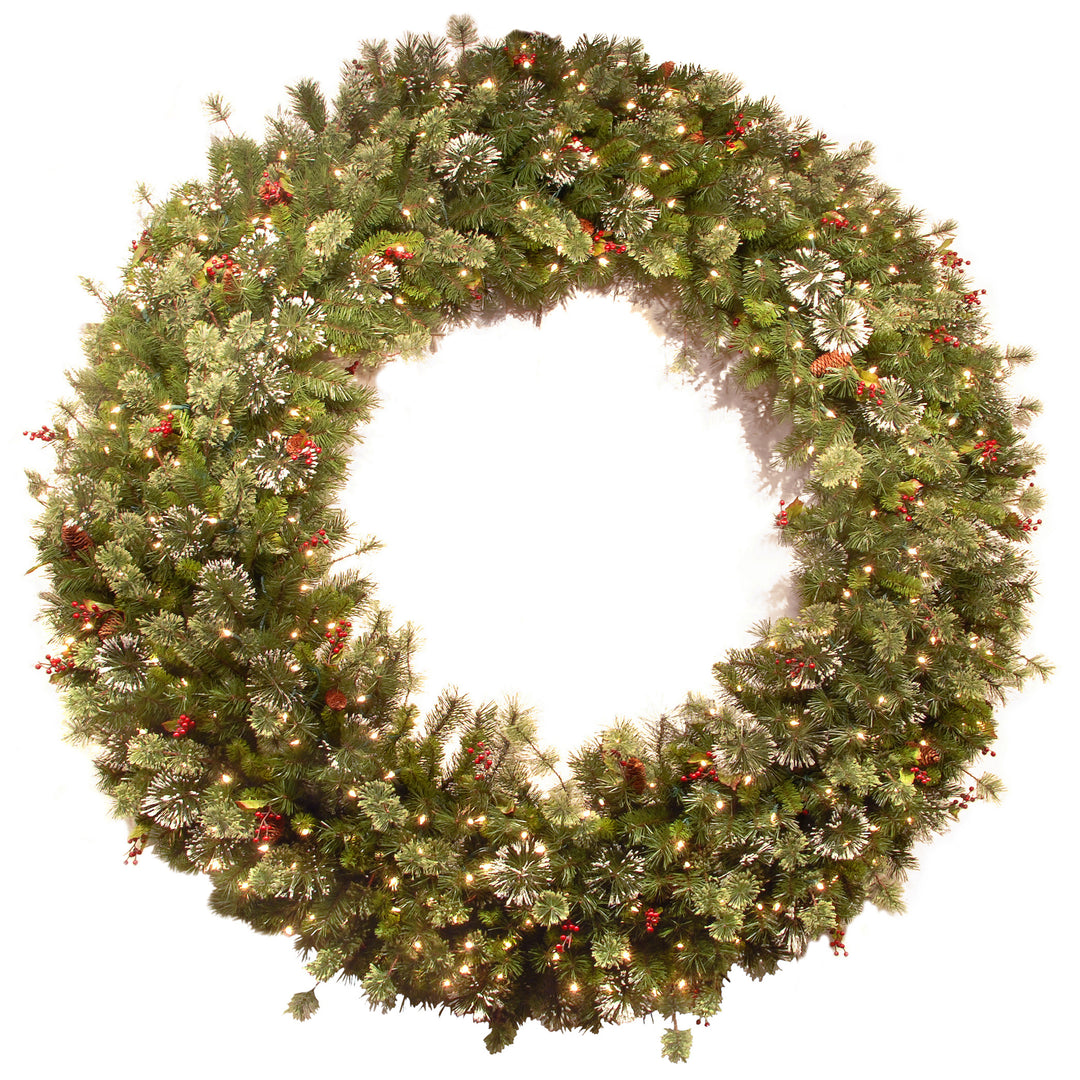 Pre-Lit Artificial Christmas Wreath, Green, Wintry Pine, White Lights, Decorated with Pine Cones, Berry Clusters, Frosted Branches, Christmas Collection, 60 Inches