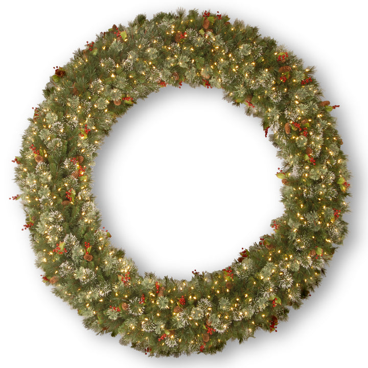 National Tree Company Pre-Lit Artificial Christmas Wreath, Green, Wintry Pine, White Lights, Decorated with Frosted Branches, Berry Clusters, Pine Cones, Christmas Collection, 72 Inches