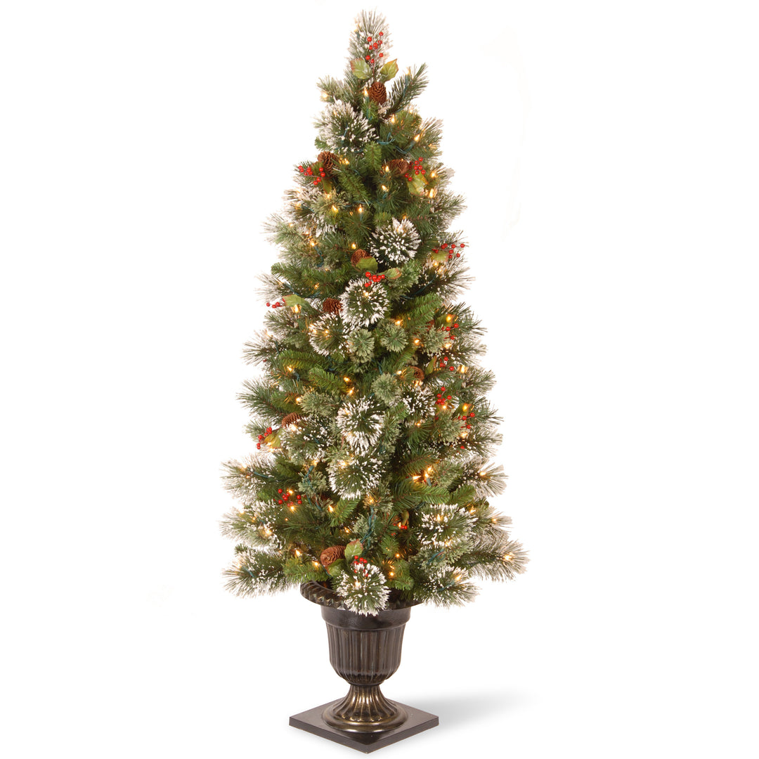 Pre-Lit Artificial Entrance Christmas Tree, Wintry Pine, Green, White Lights, Decorated with Berry Clusters, Pine Cones, Includes Metal Base, 5 Feet