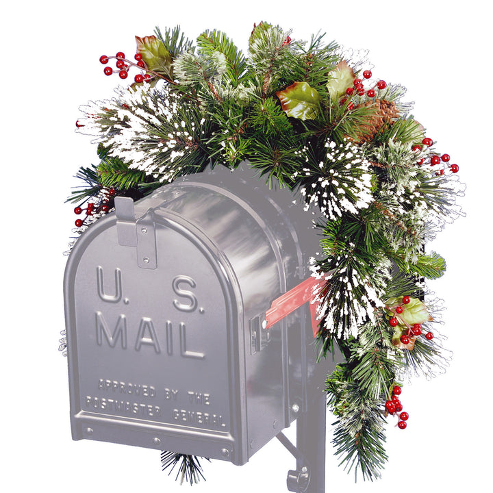 Artificial Mailbox Swag Decoration, Green, Wintry Pine, Decorated with Frosted Branches, Berry Clusters, Pine Cones, Christmas Collection, 3 Feet