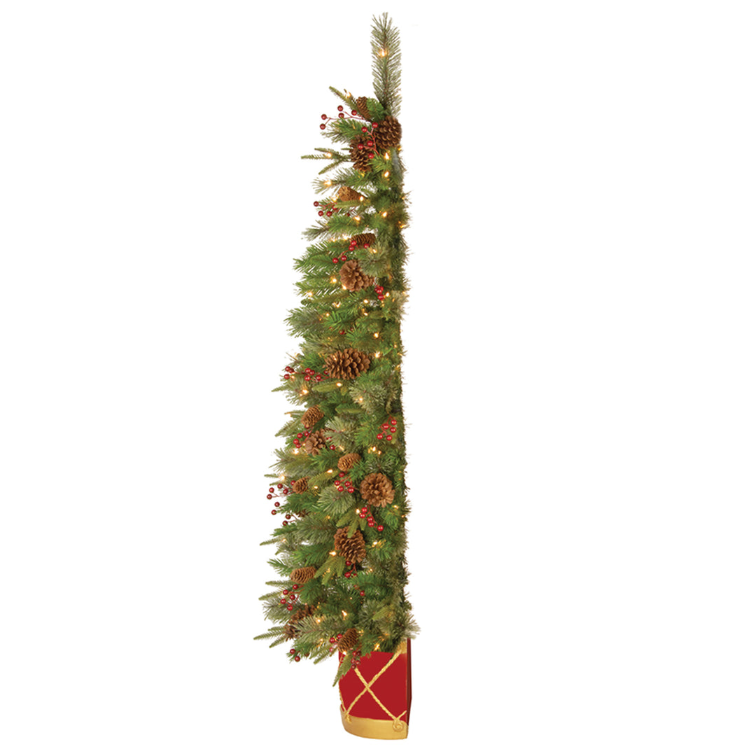 Pre-Lit Artificial Entrance Christmas Tree, Colonial Fir, Green, White Lights, Decorated with Flowers, Includes Metal Base, 6 Feet