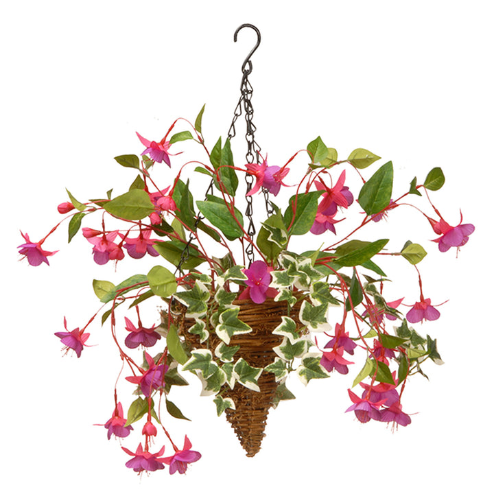 National Tree Company Artificial Hanging Cone Basket, Wicker Base, Decorated with Purple Flowers, Ivy, Spring Collection, 15 Inches