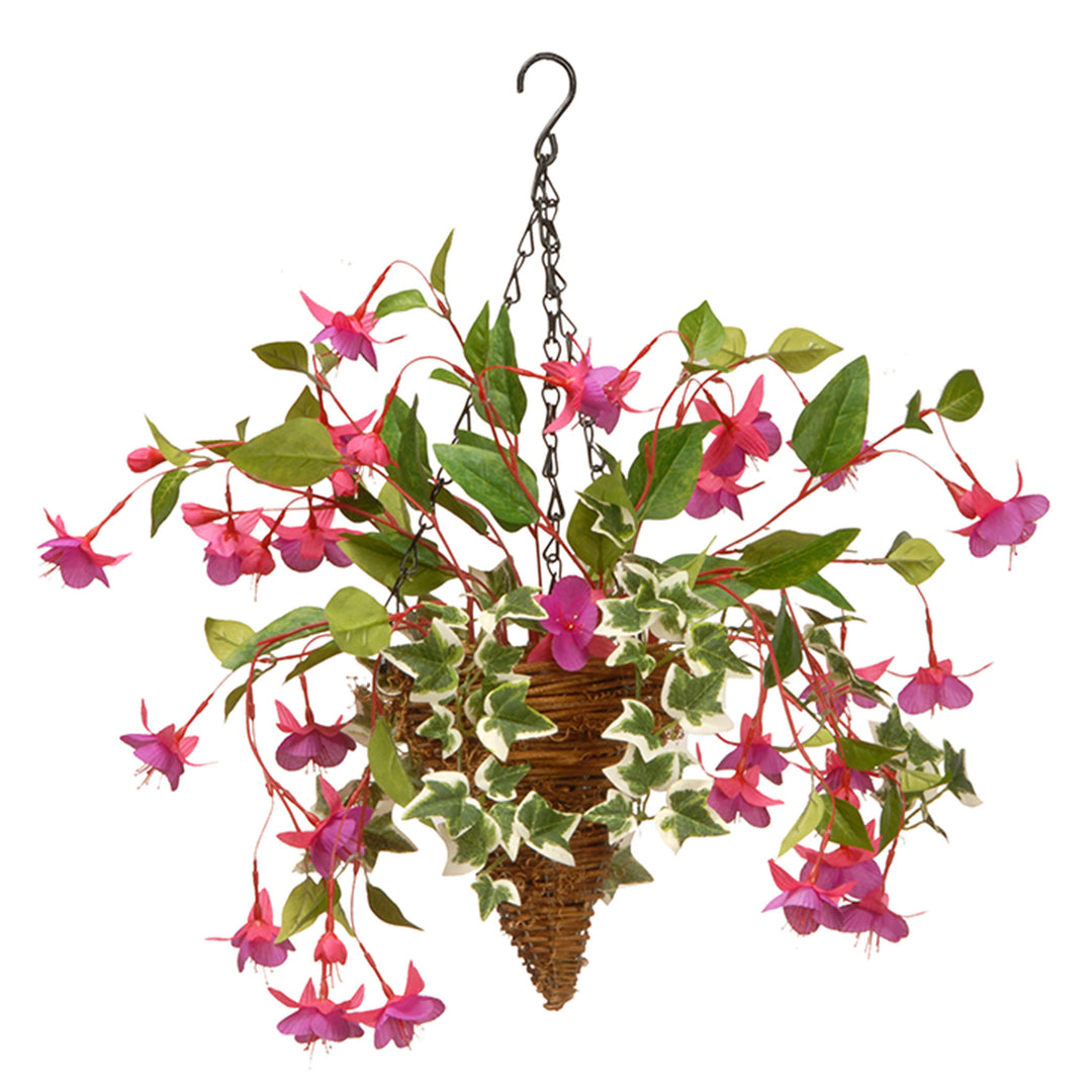 Artificial Hanging Cone Basket, Wicker Base, Decorated with Purple Flowers, Ivy, Spring Collection, 15 Inches