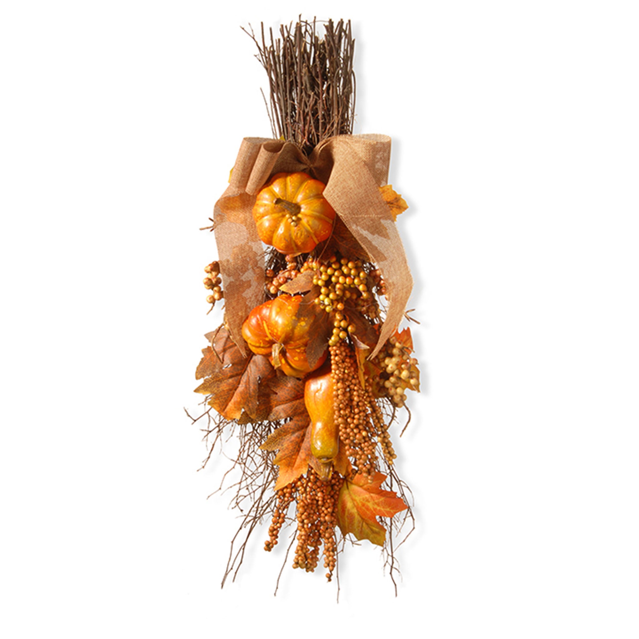 Artificial Fall Teardrop Wall Decoration, Decorated with Pumpkins, Berry Clusters, Maple Leaves, Branches, Autumn Collection, 18 in