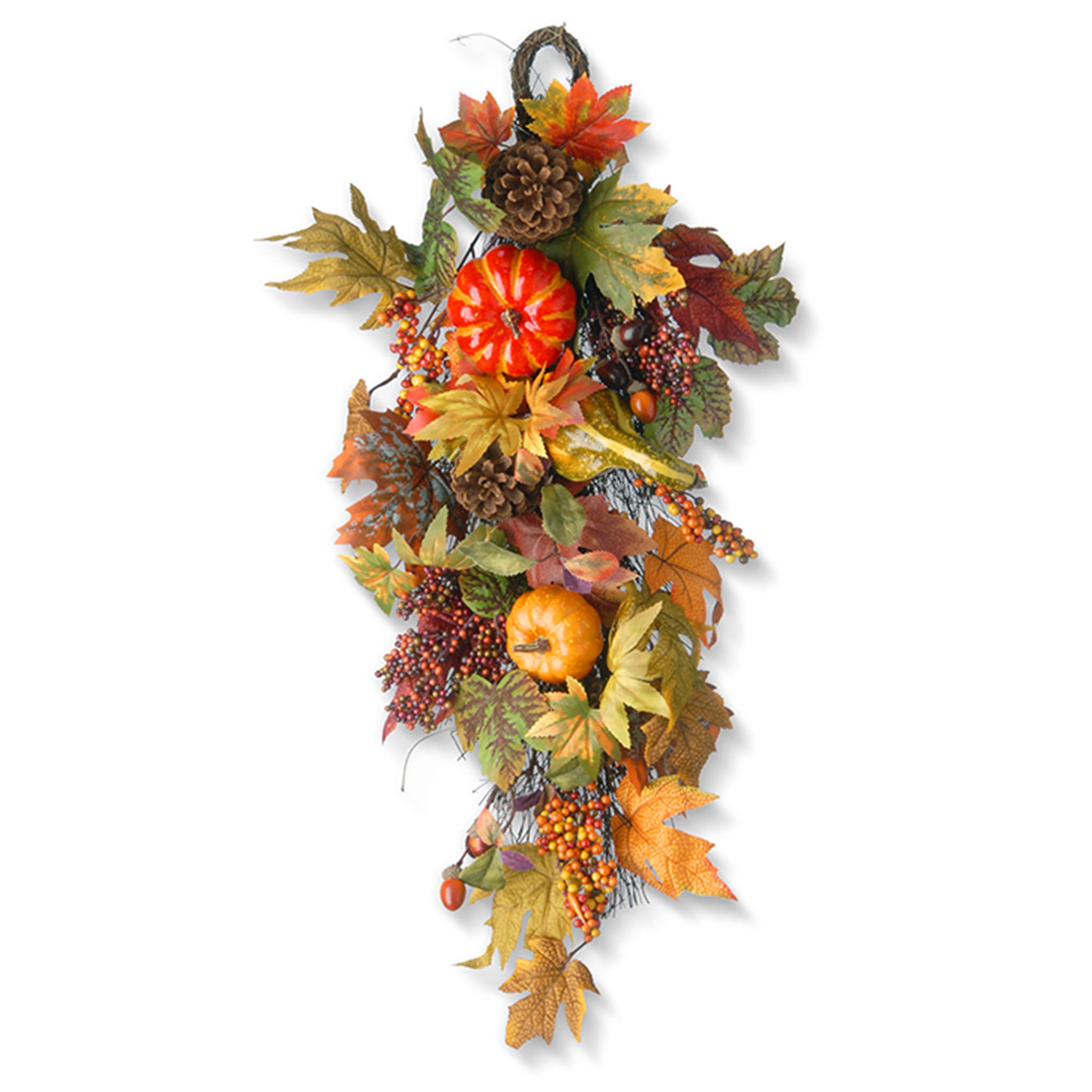 Artificial Fall Teardrop Hanging Wall Decoration, Decorated with Pumpkins, Gourds, Pinecones, Berry Clusters, Maple Leaves, Autumn Collection, 26 in