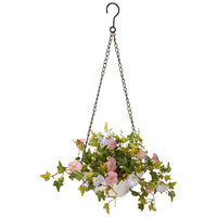 National Tree Company Artificial Hanging Pot Decoration, White Pot Base, Decorated with Assorted Flower Blooms, Leafy Greens, Includes Metal Hanging Loop, Spring Collection, 9 Inches - National Tree Company