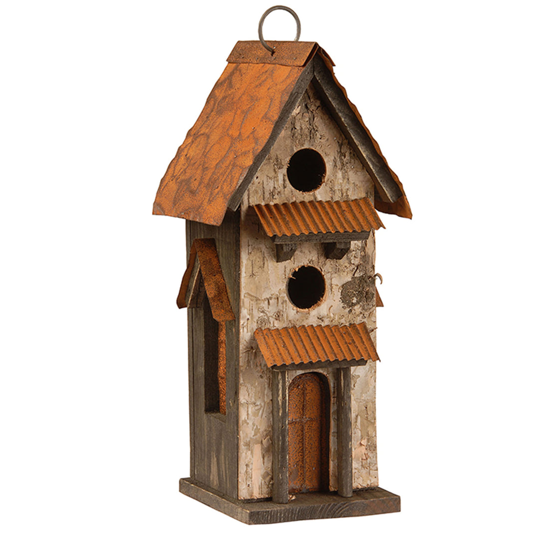 Bird House Hanging Decoration, Wooden Construction with Distressed Metal Roof, Metal Window Awnings, Includes Hanging Loop, Spring Collection, 13 Inches