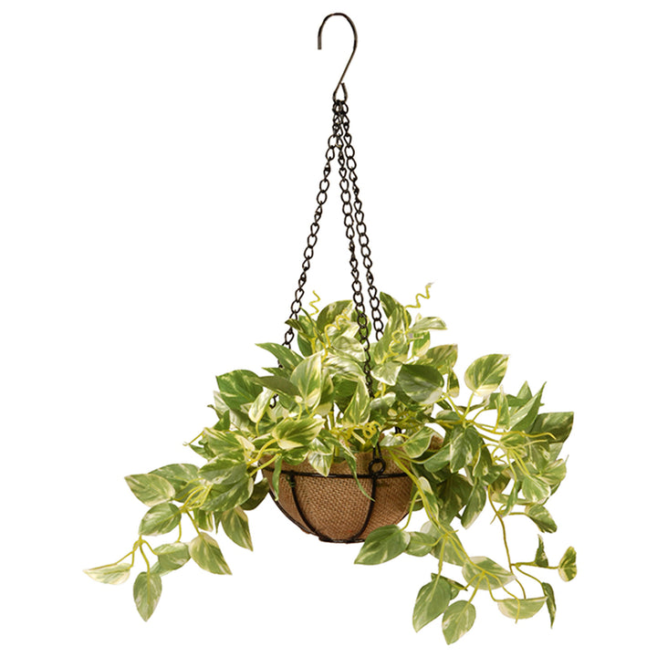 Artificial Hanging Pot Decoration, Metal Base, Pothos Plant, Decorated with Leafy Greens, Includes Metal Hanging Loop, Spring Collection, 9 Inches