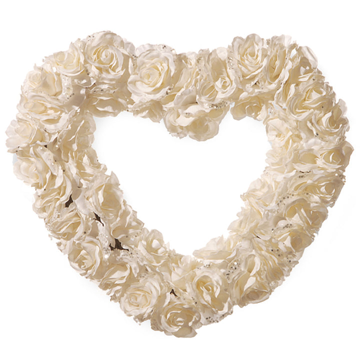 Artificial Valentine's Floral Heart Wreath, White, Decorated with Roses, Valentine's Day Collection, 20 Inches