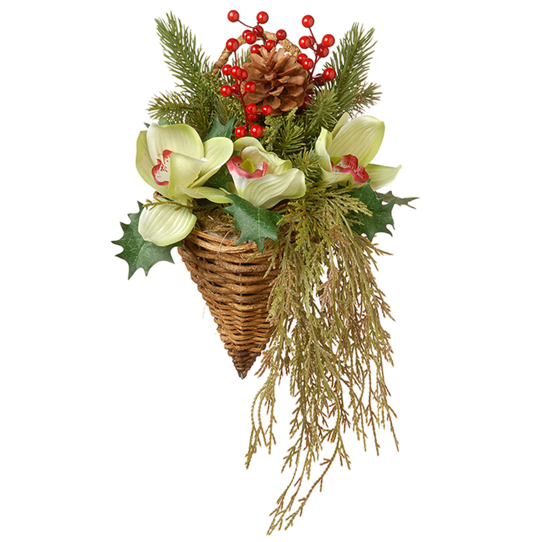 Artificial Hanging Cone Basket, Wicker Base, Decorated with Green Flowers, Ivy, Berry Clusters, Pine Cones, Spring Collection, 11 Inches